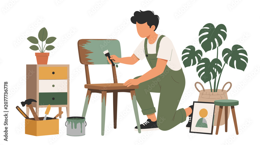 Fototapeta premium Artist At Easel Painting In Studio With Plants.