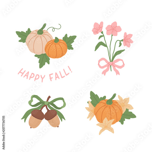 Fall set of elements: White and orange pumpkins vegetable, green leaves, bouquet flowers, oak tree branch with acorns, bows. Autumn compositions. Season clipart. Happy fall inscription