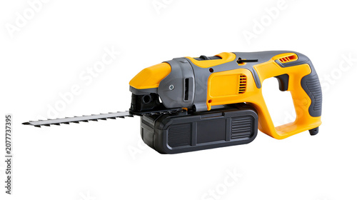 Photos Cordless electric hedge trimmer with yellow and gray casing and black battery