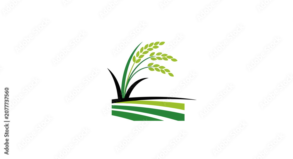 Fototapeta premium Minimalist graphic design of a rice plant on a green field agricultural vector illustration