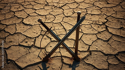 Two rusted longswords crossed and planted in cracked, dry earth.