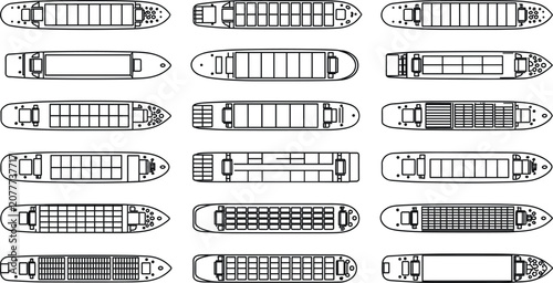 Cargo ship top view outline collection, container freight vessel transportation icons, editable vector line illustration for logistics navigation