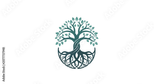 Abstract tree of life illustration featuring leaves and roots in elegant design