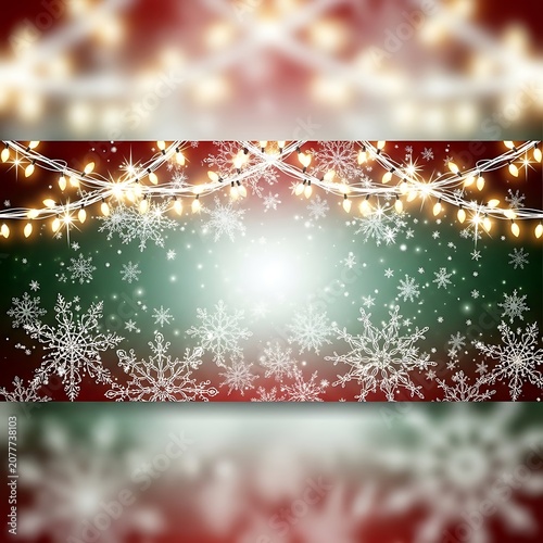 Glowing Christmas Lights and White Snowflake Decorations on Festive Winter Background