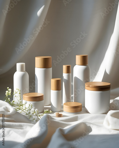 Minimalist White Cosmetic Bottles and Jars with Wooden Lids