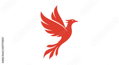 A vibrant red mythical bird flying with wings spread wide against a white background
