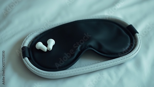 Earplugs and a black sleep mask in a soft felt case, minimalist arrangement.