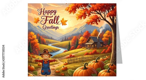 Colorful Fall Greeting Card with Scarecrow Pumpkins and Mountain Cabin Landscape
