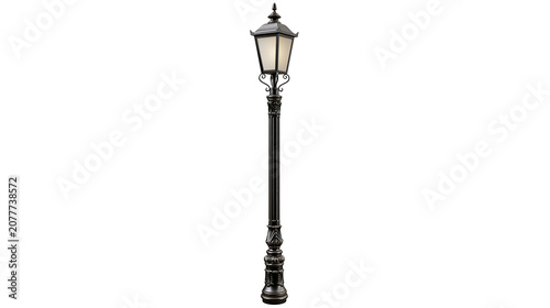 Foto Ornate black metal street lamp with frosted glass lantern