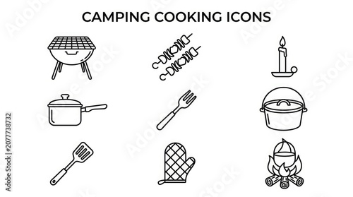 Camping cooking icons set for outdoor and travel needs