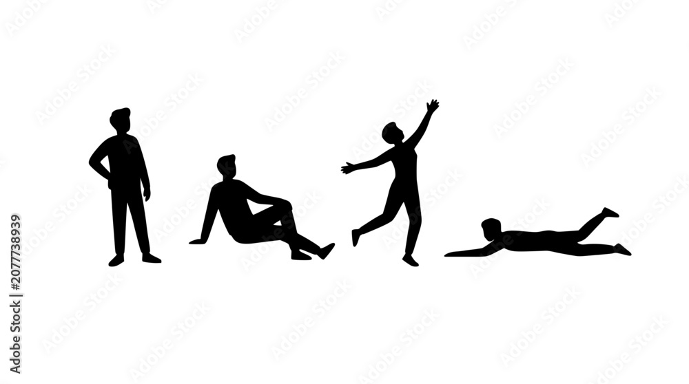 Fototapeta premium Human Poses Silhouette Illustration Depicting Standing, Sitting, Stretching, and Lying Figures in Simple Flat Design on White