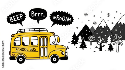 Cartoon school bus winter scene with snowflakes and mountains hand drawn style illustration