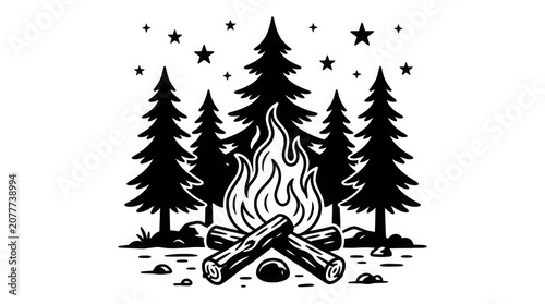 Vintage style campfire scene with pine trees and starry night sky black and white illustration