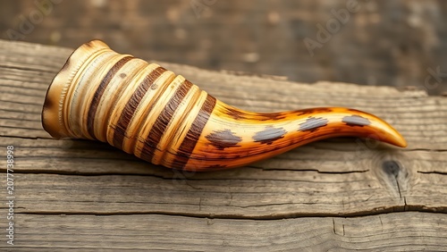 Single ram's horn with spiral grooves and warm patina on rough wooden plank.