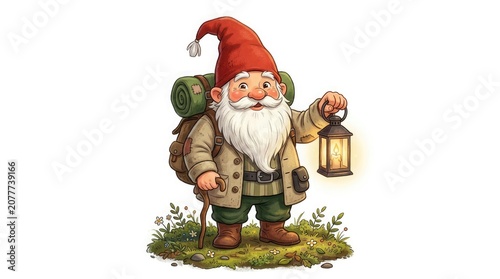 Whimsical traveling gnome with backpack and lantern digital illustration for fantasy storytelling