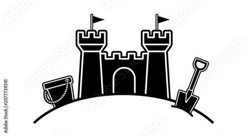 Black and white illustration of a sandcastle with flags bucket and shovel on a beach