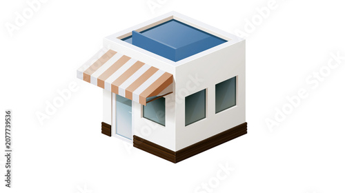 Small retail store building with awning and windows