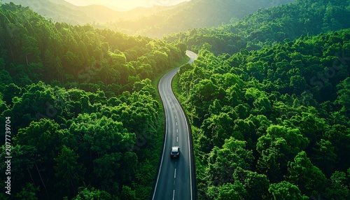 Tapety artystyczne 森林地帯を貫く道路を走行する自動車を俯瞰撮影したパノラマ風景