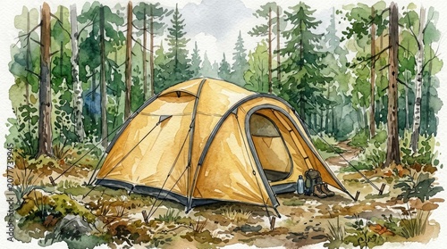 Watercolor painting of a yellow tent pitched in a lush evergreen forest campsite scene