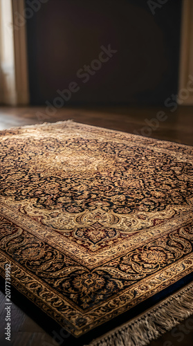 Elegant brown patterned rug with floral details on a dark floor in a modern room