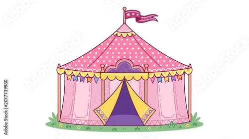 Charming pink polka dot circus tent illustration with flag isolated on white background