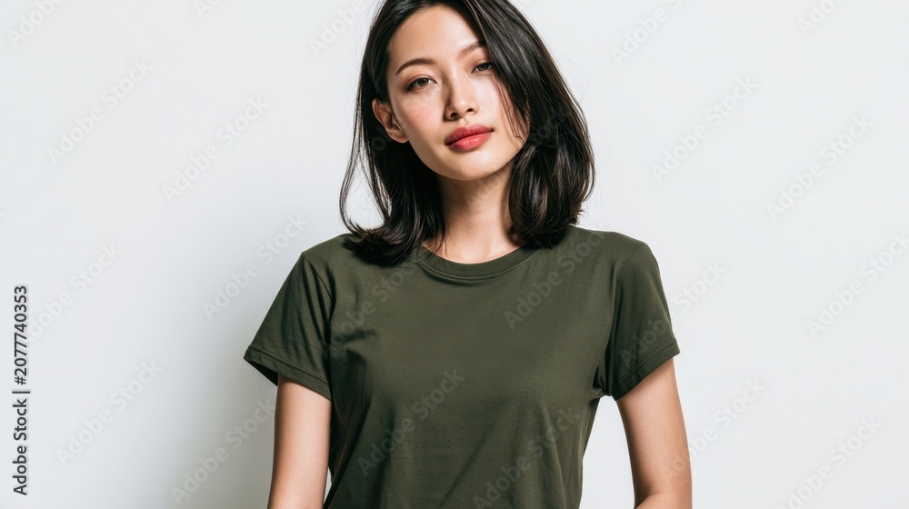 Fototapeta premium Portrait of a Young Woman: A young woman with a serene expression and dark hair styled in a bob, wearing a plain olive-green t-shirt, looks directly at the camera.