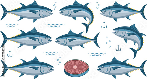 Fotografía Blue tuna fish vector cartoon illustration set with ocean waves hooks steak and