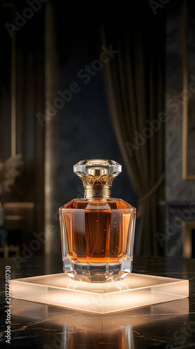 Luxury perfume bottle with golden liquid standing on a wooden pedestal in a dark room
