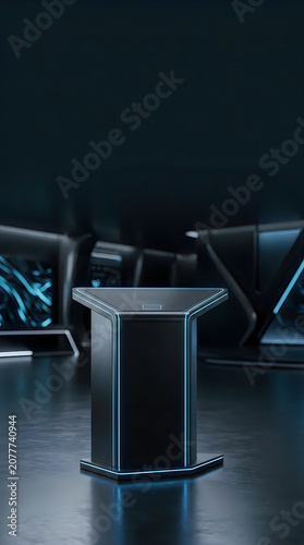 Modern glass podium with blue and green neon lights in a dark professional studio setting