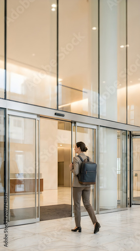 Professional woman with backpack walking into a modern glass office building entrance