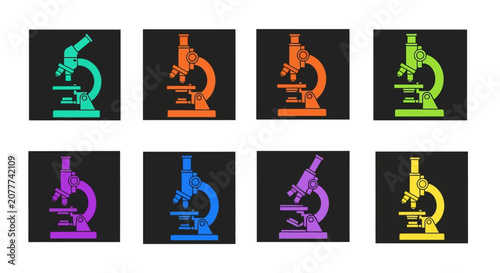 Colorful Microscope Silhouettes on Black Background for Scientific or Educational Concepts