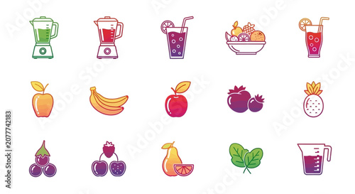 Healthy Food and Drinks Icons Showing the Process of Food Preparation and Consumption