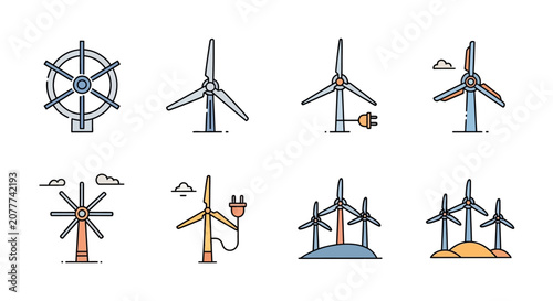 Illustration collection of various wind turbines showcasing alternative energy concepts