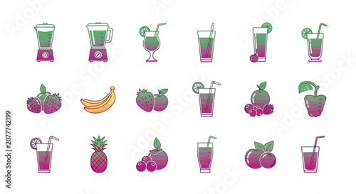 Healthy Smoothie and Fruit Icons Depicting Nutrition and Dietary Concepts of Deliciousness