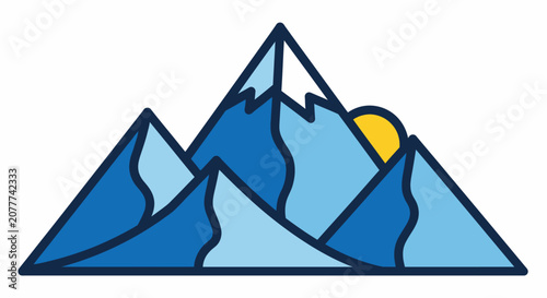 Stylized mountain range with sun rising in blue and yellow hues against a white backdrop