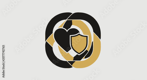 A graphic icon featuring a heart and a shield symbol on a light background