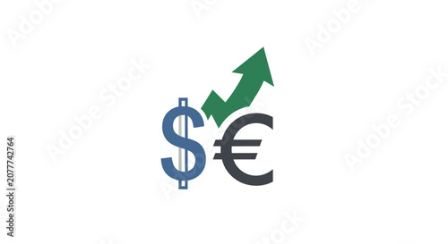 A green arrow showing financial growth between two currency symbols