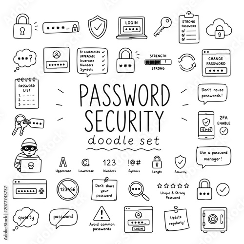 Password security doodles set. Hand drawn vector doodle set on white background