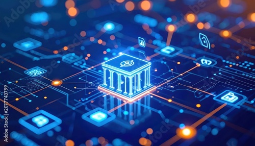 Holographic bank icon on futuristic digital circuit board.