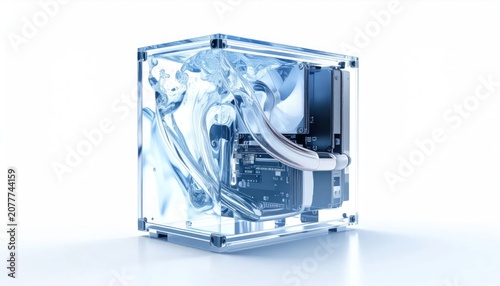 Liquid immersion cooled computer parts in clear cube case.