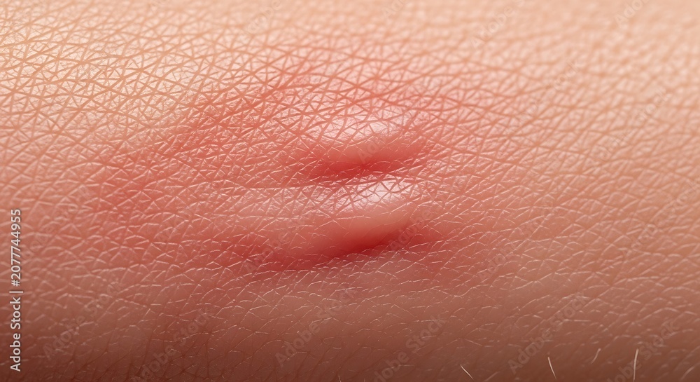 Fototapeta premium Close-up of a red, inflamed skin reaction, possibly an insect bite or allergic reaction.