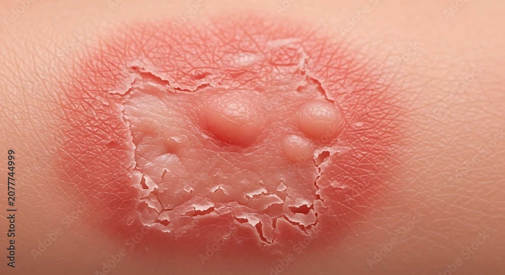 Fototapeta premium Close-up of a second-degree burn with blisters on human skin.
