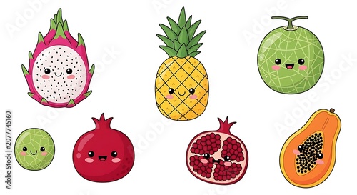 Cute Kawaii Tropical Fruit Characters Arranged on White Background