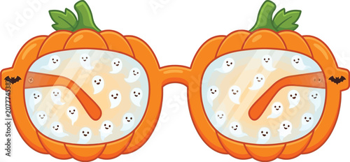 Eyeglasses shaped like pumpkins contain many floating ghosts for the.