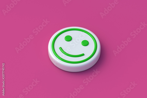 Positive emoji face on red background. Best mood. Perfect rating. Good feedback. 3d render