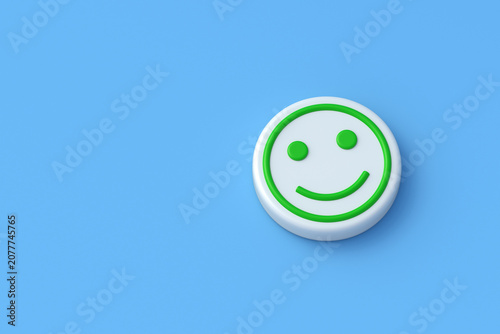 Positive emoji face on blue background. Best mood. Perfect rating. Good feedback. Copy space. 3d render
