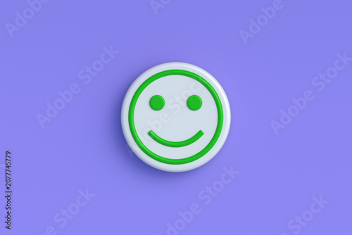 Positive emoji face on violet background. Best mood. Perfect rating. Good feedback. Top view. 3d render