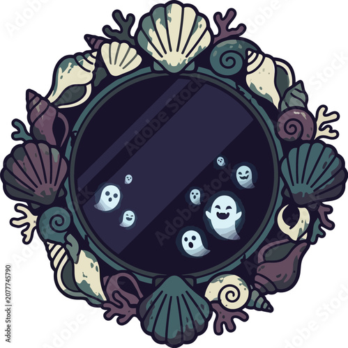 Mirror reflection shows tiny cute ghosts framed by beautiful coastal.