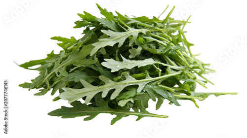Foto Fresh green arugula leaves with water droplets