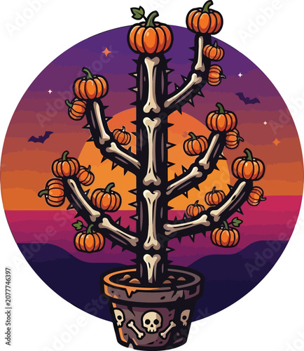 Cactus skeleton grows small orange pumpkins inside a decorative floral pot.